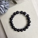 Black Botswana Agate Bracelet with Flower Charm