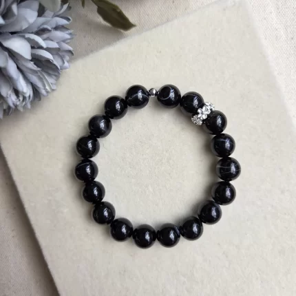 Black Botswana Agate Bracelet with Flower Charm