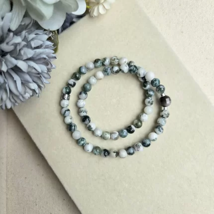 Moss Agate & Silver Obsidian Double Loop Bracelet