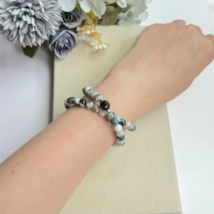 20250511_102245 Moss Agate & Silver Obsidian Double Loop Bracelet - Image 4