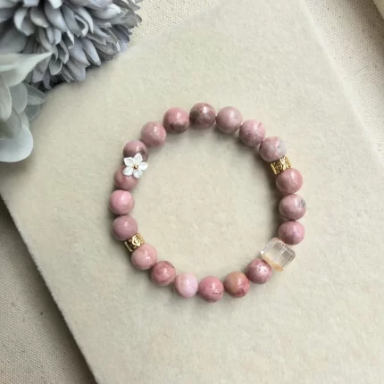 Rhodonite Bracelet with Rabbit Hair Fluorite Spacer & Flower Charm