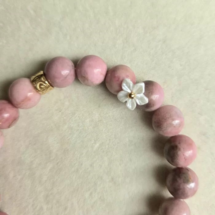 20250514_171417 Rhodonite Bracelet with Rabbit Hair Fluorite Spacer & Flower Charm - Image 3