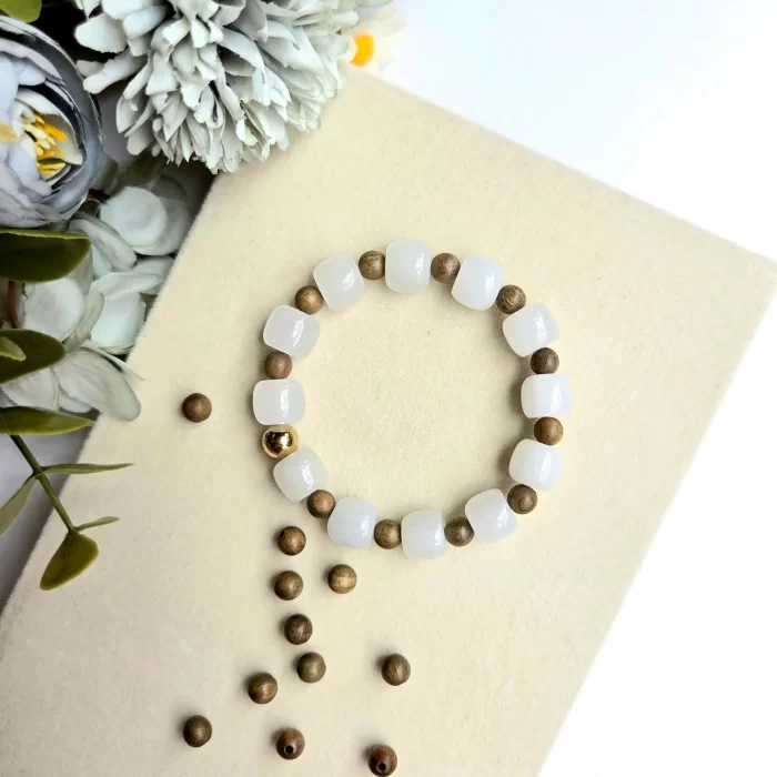 2505-03JD_white-jade-sandalwood-1 White Jade Sandalwood Bracelet Gold bead - Image 5