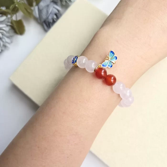 2505_32QC-rose-quartz-carnelian-with-butterfly-bracelet-3 Rose Quartz & Carnelian with Butterfly Charm Bracelet - Image 3
